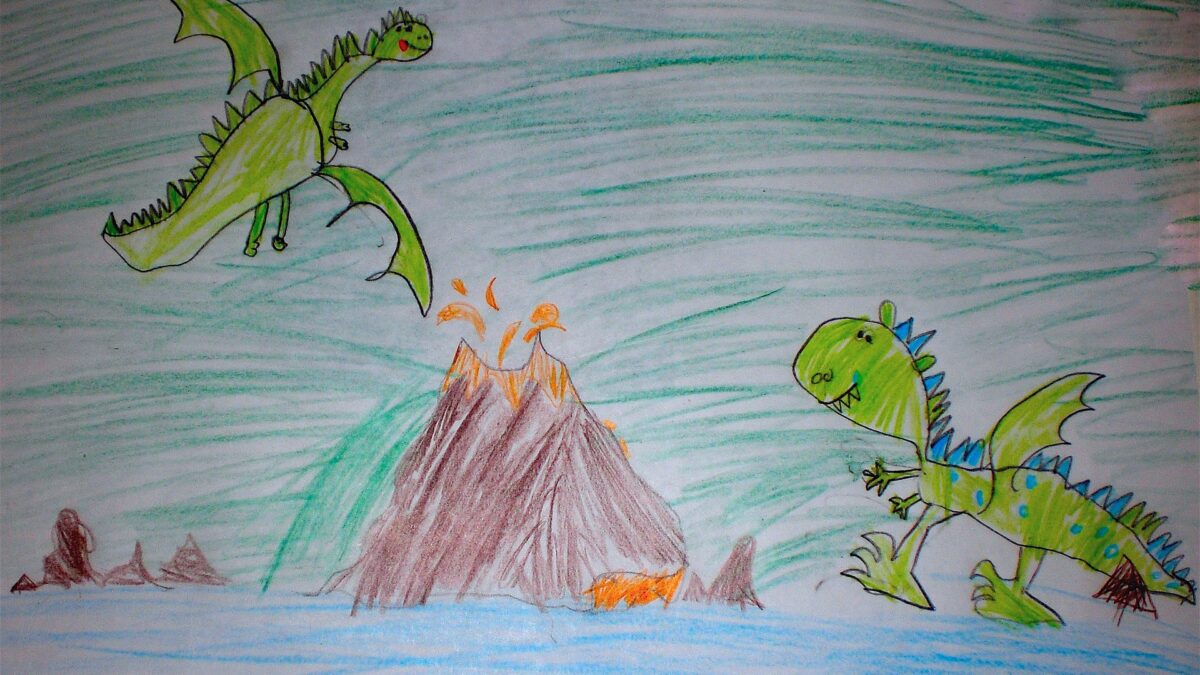 Zwei Dinosaurier fliegen um einen Vulkan